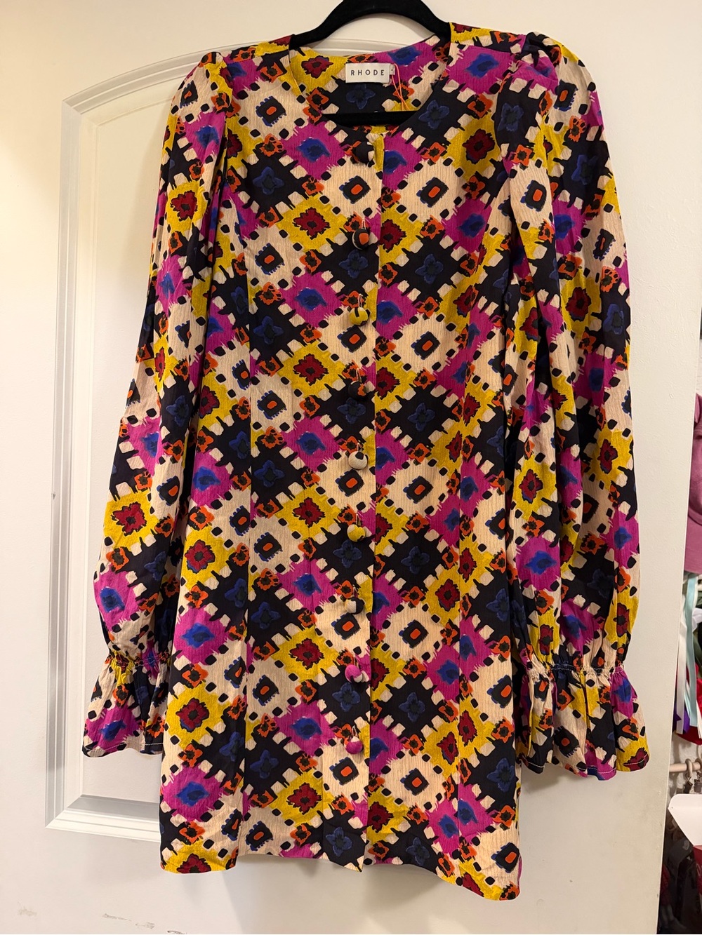 RHODE Multicolor Pink and Yellow Floral Diamond-Print Long Sleeve Dress
